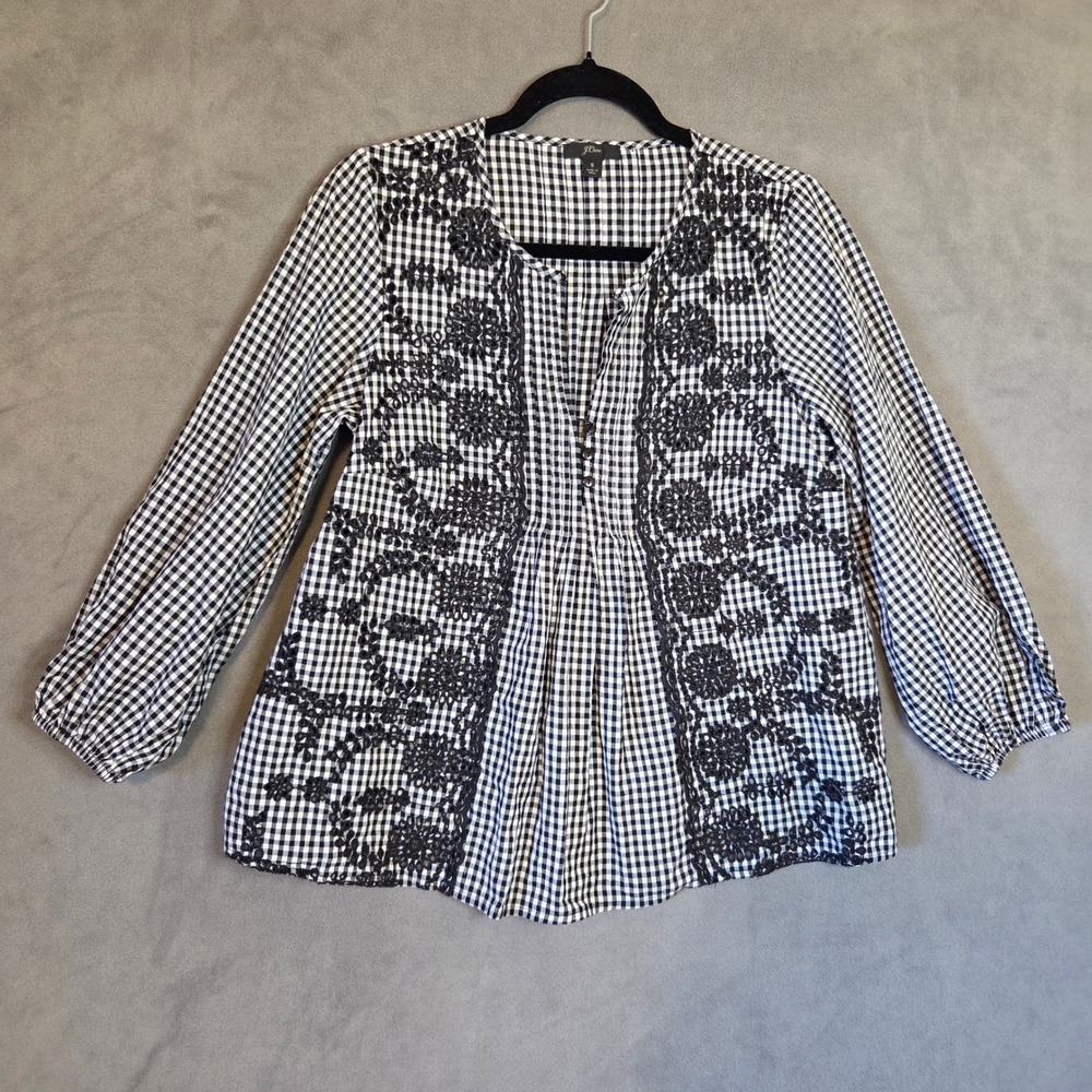 J.Crew Gingham Embroidered Eyelet Top Women's Size Small Boho Cottage Coastal